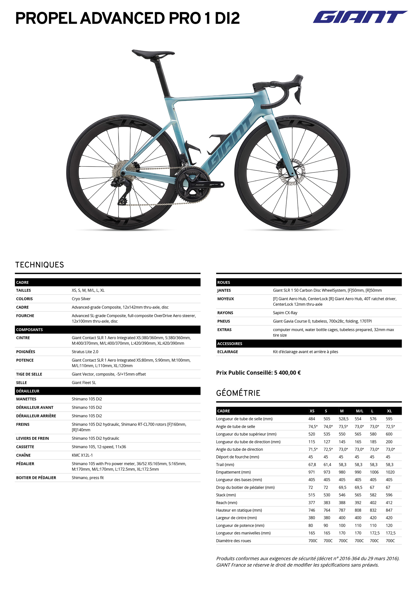 Fiche technique du velo Propel Advanced Pro 1 Di2 année 2027